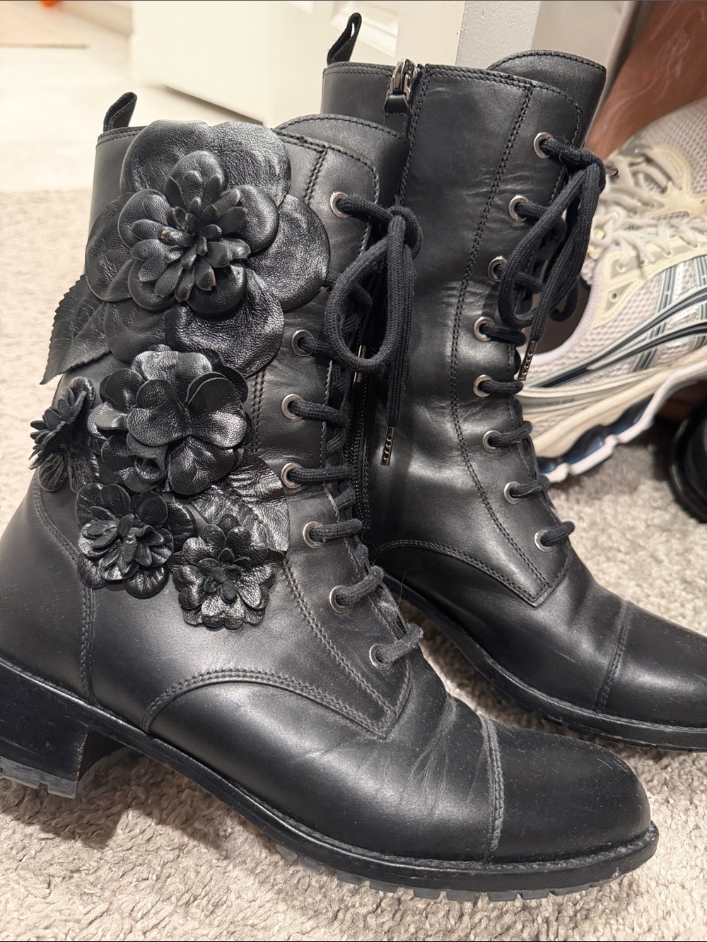 Valentino Black Floral Lace-Up Combat Boots - Women